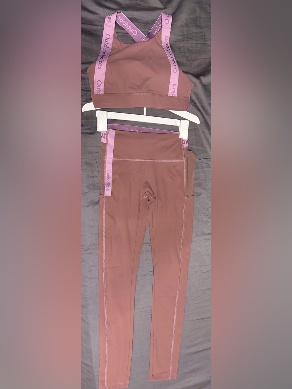 Outdoor Voices Deep Taupe Snacks Bra and Leggings Set